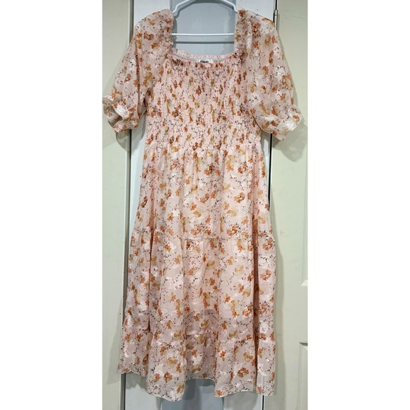 sissyaki Dresses & Skirts - Sissyaki Women's L Pink Floral Smocked Square Neck Puff Sleeve Midi A-Line